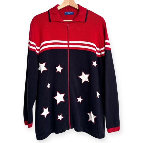 Karen Scott Sport Cotton Patriotic Americana Stars & Stripes Cardigan Women's 1X - Picture 1 of 8